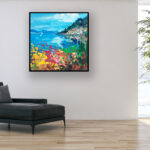 Lake Como painting, original oil painting on canvas hanging in a modern living room with a black sofa and home decor