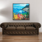 Lake Como painting, original oil painting on canvas hanging in a modern living room with a brown sofa and home decor