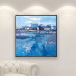 New York painting on canvas with rich impasto texture hanging on a modern wall, viewed from a medium distance.