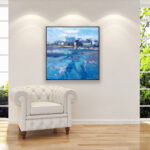 New York painting, original oil painting on canvas hanging in a modern living room with a white sofa and home decor