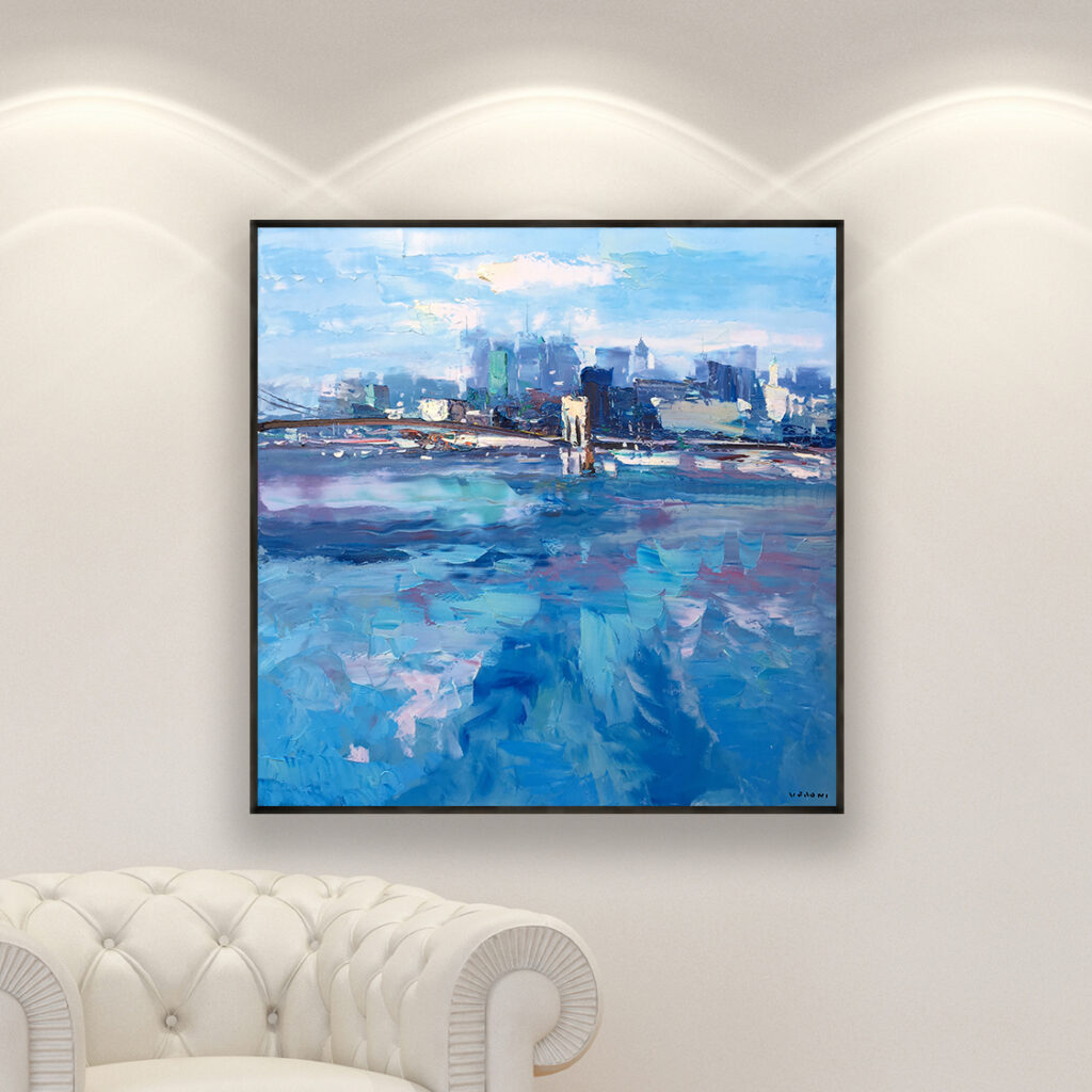 New York painting, original oil painting on canvas hanging in a modern living room with a white sofa and home decor