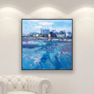 New York painting, original oil painting on canvas hanging in a modern living room with a white sofa and home decor