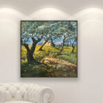 Olive Trees painting, original oil painting on canvas hanging in a modern living room with a white sofa