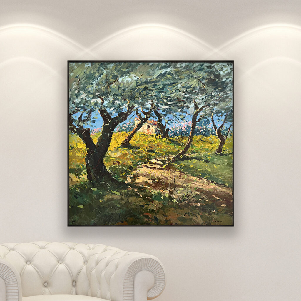 Olive Trees painting, original oil painting on canvas hanging in a modern living room with a white sofa