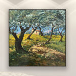 Olive Trees painting, original oil painting on canvas hanging in a modern living room with a white sofa