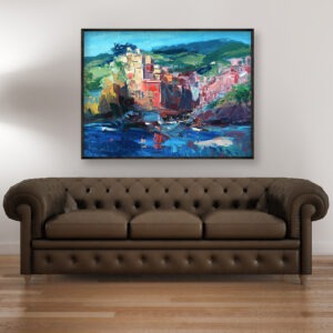 Riomaggiore Cinque Terre painting, original oil painting on canvas hanging in a modern living room with a brown sofa and home decor