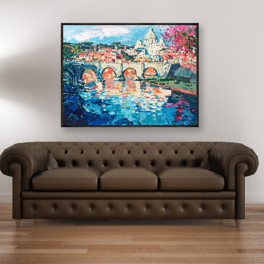 Rome painting, original oil painting on canvas hanging in a modern living room with a brown sofa and home decor