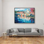 Rome painting, original oil painting on canvas hanging in a modern living room with a gray sofa and home decor