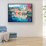 Rome painting, original oil painting on canvas hanging in a modern living room with a blue sofa and home decor