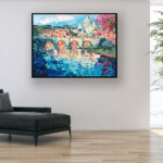 Rome painting, original oil painting on canvas hanging in a modern living room with a black sofa and home decor