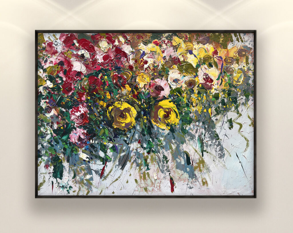 Roses painting, original oil painting on canvas hanging on a modern wall