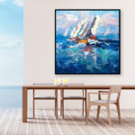 Sailboats painting, original oil painting on canvas hanging in a modern living room with a table and ocean view and home decor