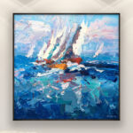 Sailboats painting, original oil painting on canvas, hanging on a modern wall