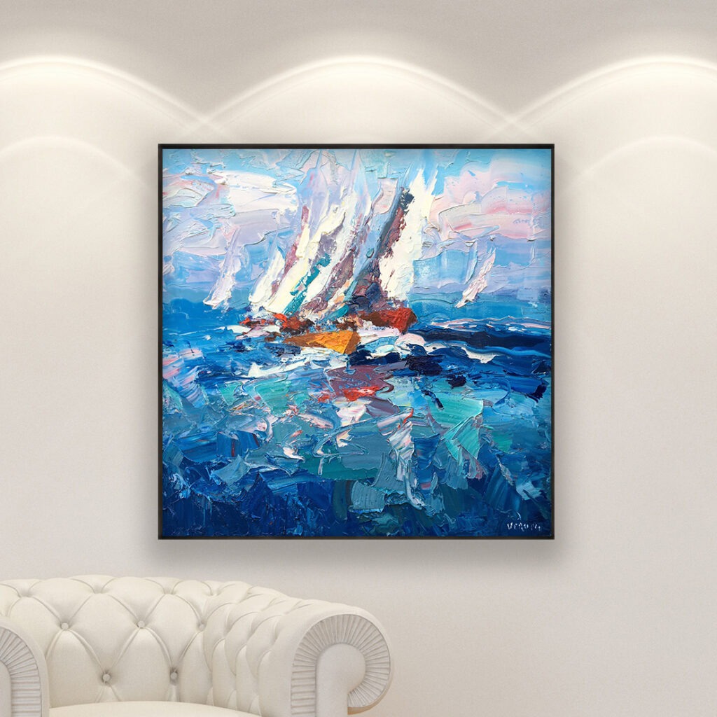 Sailboats painting, original oil painting on canvas hanging in a modern living room with a white sofa and home decor