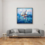 Sailboats painting, original oil painting on canvas hanging in a modern living room with a gray sofa and home decor