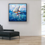 Sailboats painting, original oil painting on canvas hanging in a modern living room with a black sofa and home decor