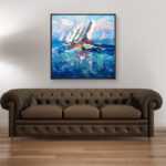 Sailboats painting, original oil painting on canvas hanging in a modern living room with a brown sofa and home decor