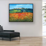 San Gimignano painting, original oil painting on canvas hanging in a modern living room with a black sofa and home decor