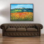 San Gimignano painting, original oil painting on canvas hanging in a modern living room with a brown sofa and home decor