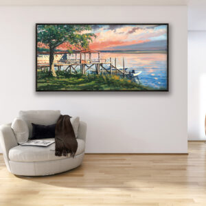 Seascape Painting at Sunset, original oil painting on canvas hanging in a modern living room with a beige sofa