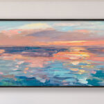 Abstract sunset painting, original oil painting on canvas hanging in a modern living room