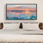 Abstract sunset painting, original oil painting on canvas hanging in a modern bedroom
