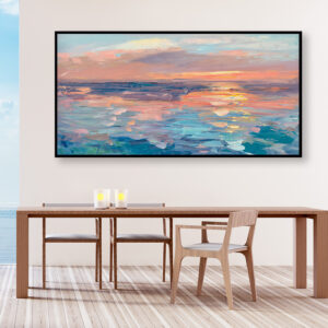 Abstract sunset painting, original oil painting on canvas hanging in a modern living room with a table and ocean view