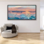 Abstract sunset painting, original oil painting on canvas hanging in a modern living room with a beige sofa