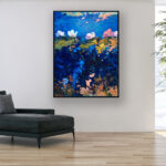 Water Lilies painting, original oil painting on canvas hanging in a modern living room with a black sofa and home decor