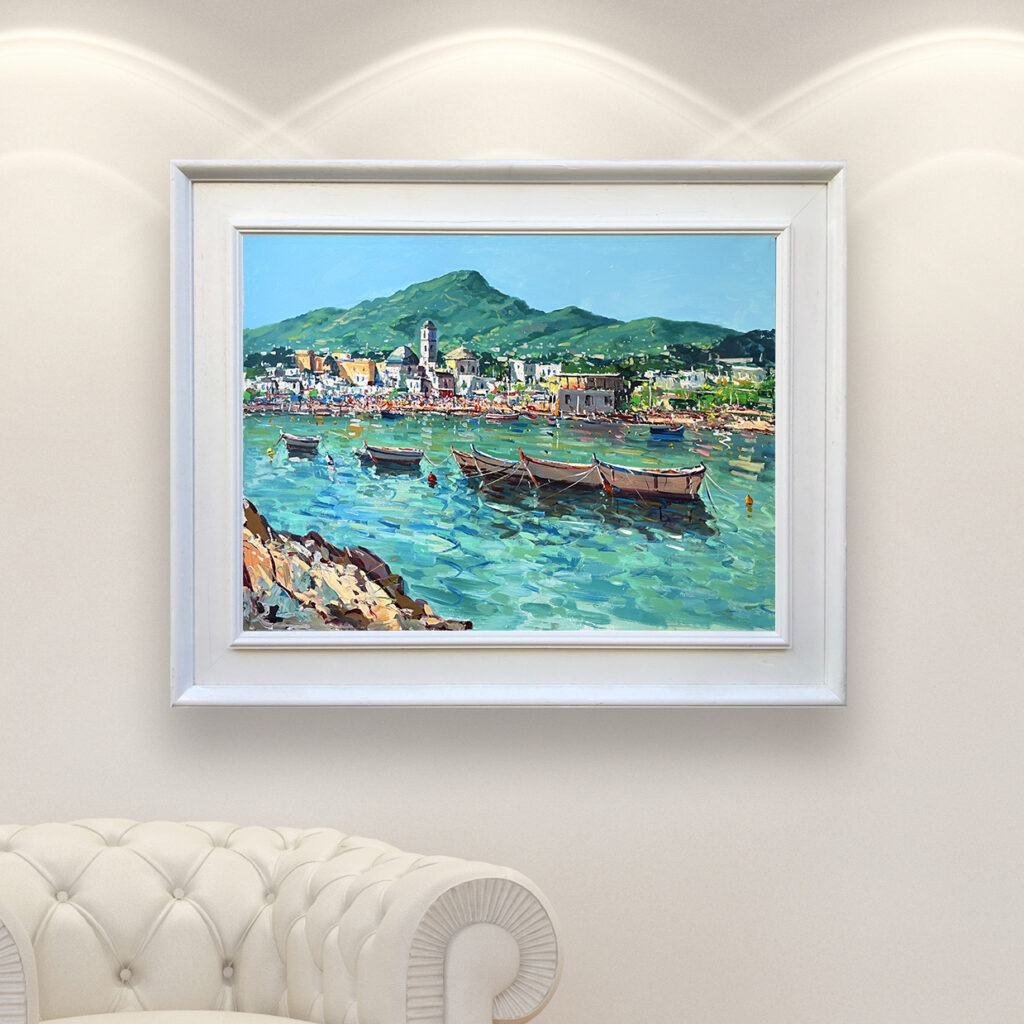 Ischia painting, original oil painting on canvas hanging in a modern living room with a white sofa and home decor