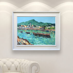 Ischia painting, original oil painting on canvas hanging in a modern living room with a white sofa and home decor