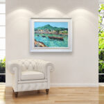 Ischia painting, original oil painting on canvas hanging in a modern living room with a white sofa and home decor