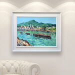 Ischia painting, original oil painting on canvas hanging in a modern living room with a white sofa and home decor