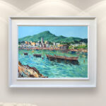 Ischia painting, original oil painting on canvas hanging in a modern living room with a white sofa and home decor