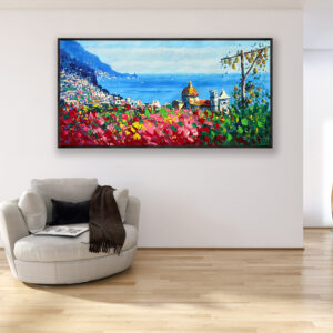 Panoramic Positano Painting on Canvas – Vibrant Coastal Scene with Lemons and Flowers