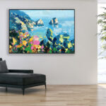 Capri painting, original oil painting on canvas hanging in a modern living room with a black sofa