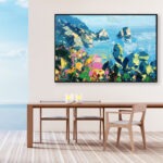 Capri painting, original oil painting on canvas hanging in a modern living room with a table and ocean view