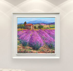 Lavender field oil painting on canvas, original modern textured landscape wall art, framed, perfect for living room wall decor and as unique gift for her, displayed on the wall above a sofa in a stylish living room