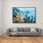 Capri painting, original oil painting on canvas hanging in a modern living room with a gray sofa