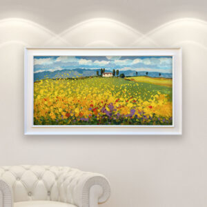 Landscape painting, original oil painting on canvas hanging in a modern living room with a white sofa and home decor