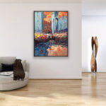 Palio Siena painting, original oil painting on canvas hanging in a modern living room with a beige sofa and home decor