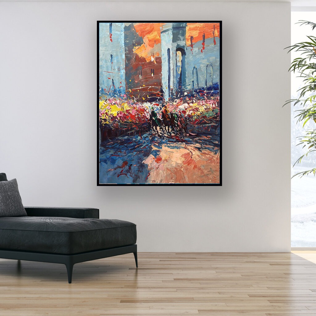 Palio Siena painting, original oil painting on canvas hanging in a modern living room with a black sofa and home decor