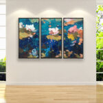 Set of 3 Water Lilies flowers paintings on canvas, original oil painting hanging on a modern living room