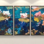 Set of 3 Water Lilies flowers paintings on canvas, original oil painting hanging on a modern living room