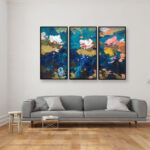 Set of 3 Water Lilies flowers paintings on canvas, original oil painting hanging in a modern living room with gray sofa