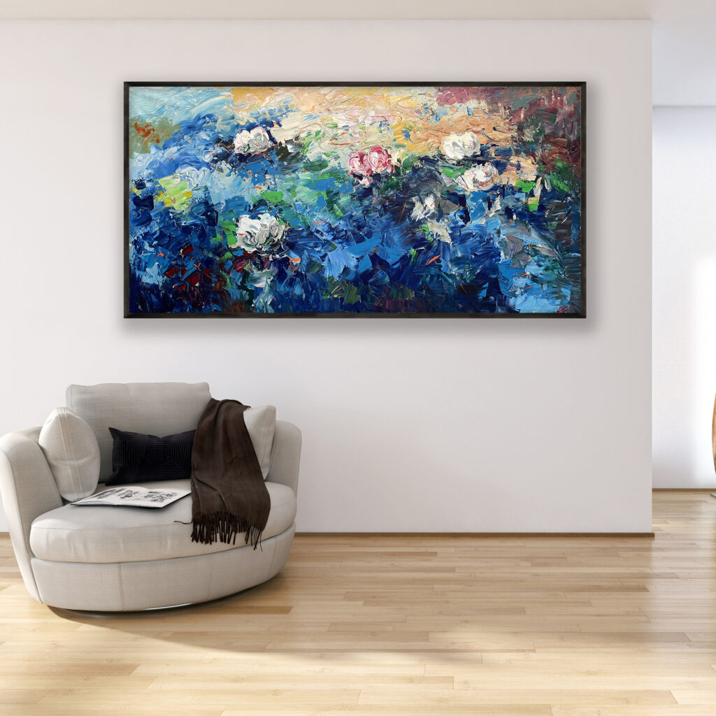 Water Lilies painting, original oil painting on canvas hanging in a modern living room with a beige sofa