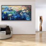 Water Lilies painting, original oil painting on canvas hanging in a modern living room with a beige sofa