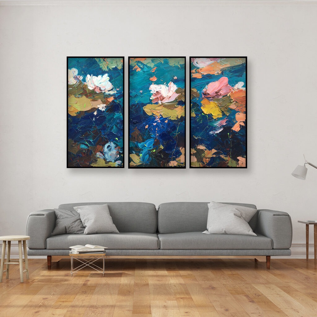 Set of 3 Water Lilies flowers paintings on canvas, original oil painting hanging in a modern living room with gray sofa