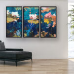 Set of 3 Water Lilies flowers paintings on canvas, original oil painting hanging in a modern living room with black sofa