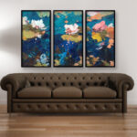 Set of 3 Water Lilies flowers paintings on canvas, original oil painting hanging in a modern living room with brown sofa